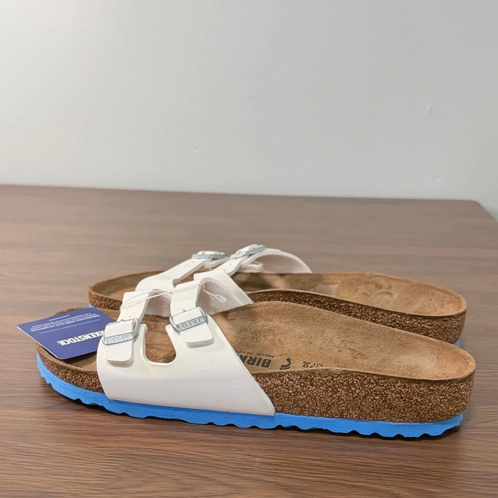 Birkenstock Women’s White‎ Sandals with Blue Outsole